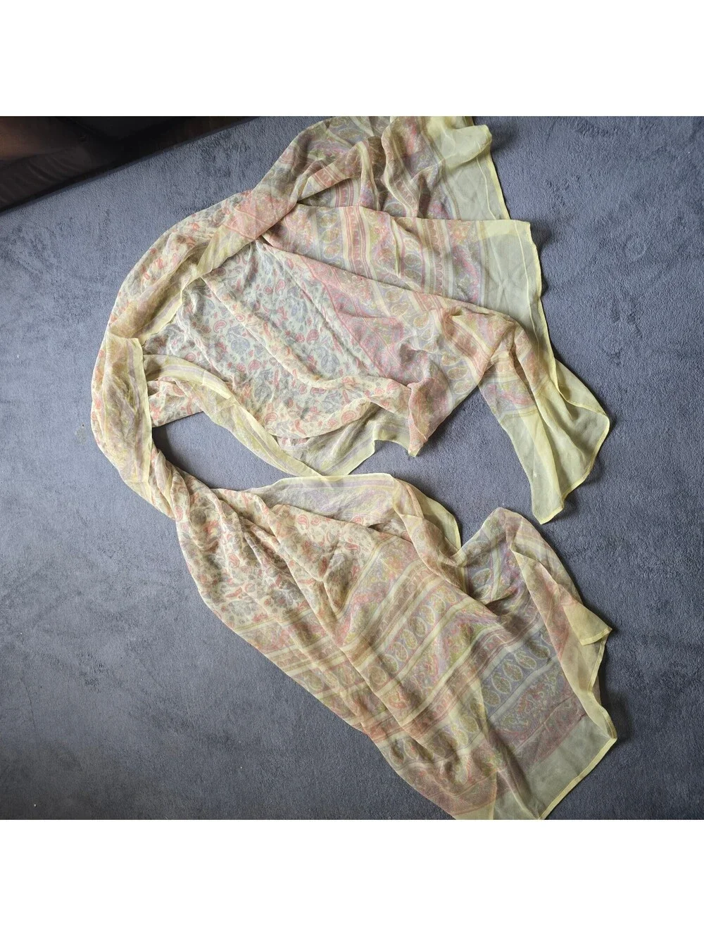Vintage Sheer Chiffon Saree Light Yellow Paisley Floral Print Sari Border Pallu